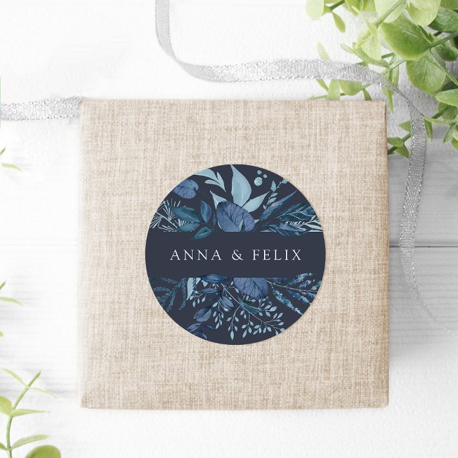 Winter Azure | Personalised Botanical Wedding Classic Round Sticker (Creator Uploaded)