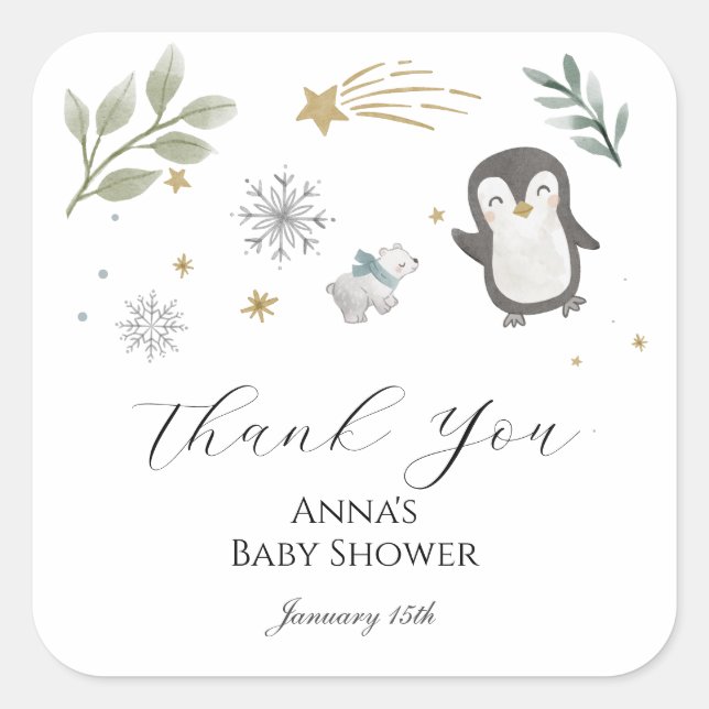 Winter Baby Animals Thank You Square Sticker (Front)