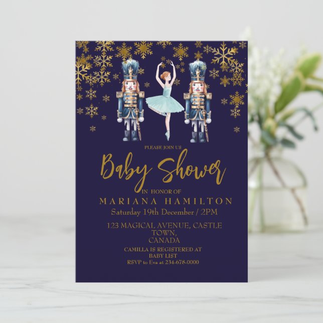 Winter Baby Boy Shower Blue Gold Snowflakes Invitation (Standing Front)