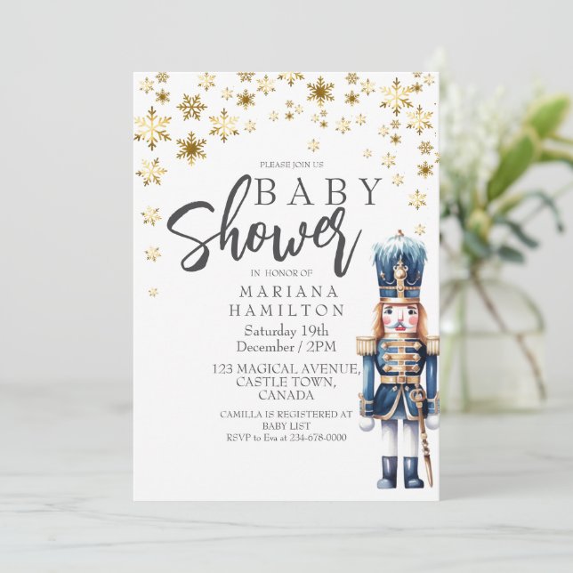 Winter Baby Boy Shower Gold Snowflakes Nutcracker Invitation (Standing Front)