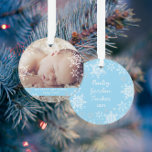 Winter Baby Boy's First Christmas Snowflakes Blue Ornament<br><div class="desc">This sweet design features white and silver glitter snowflakes on blue with space for one photo to commemorate Baby's 1st Christmas! The collection of coordinating products is available in our shop, zazzle.com/doodlelulu*. Contact us if you need this design applied to a specific product to create your own unique matching item!...</div>