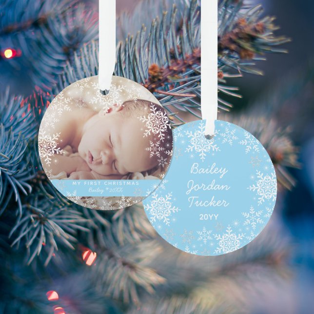 Winter Baby Boy's First Christmas Snowflakes Blue Ornament (Creator Uploaded)