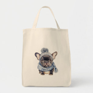 Winter Baby Bulldog in Blue Cap and Scarf Tote Bag