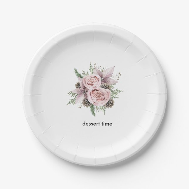 Winter baby in bloom pink floral poinsettia paper plate (Front)