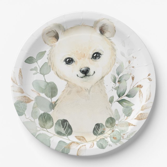 Winter Baby Polar Bear Eucalyptus Greenery Gold Paper Plate (Front)