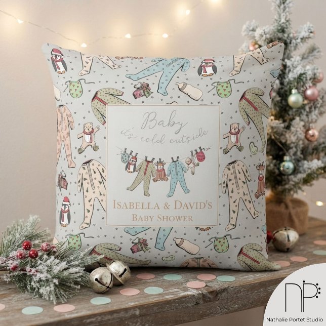 Winter Baby Shower Accent Pillow (This winter baby shower decor features hand-drawn illustrations, perfect for nursery styling.)