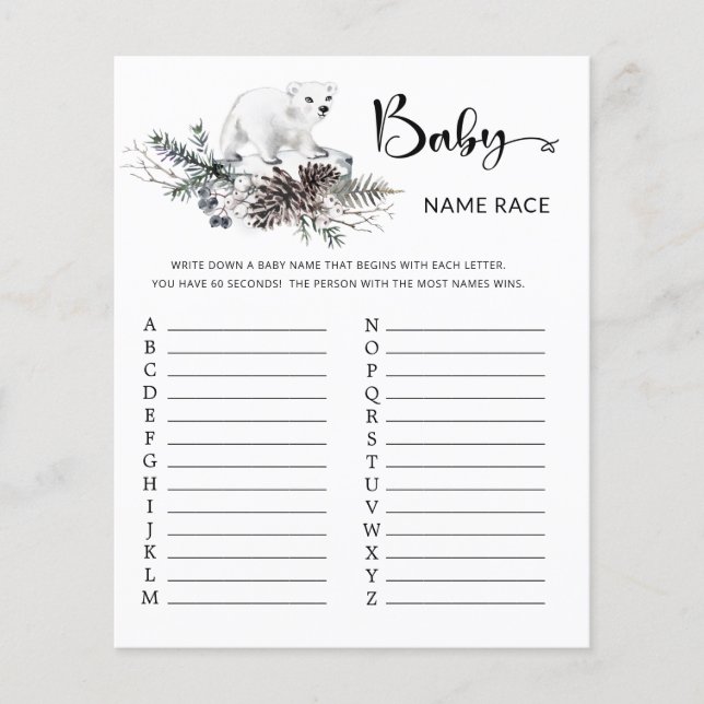 Winter Baby Shower Baby Name Race Game (Front)