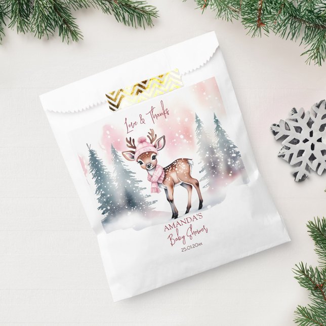 Winter baby shower cute deer pink thank you favour bags (Winter baby shower thank you favor bag cute deer wearing pink winter hat and scarf personalized bag)