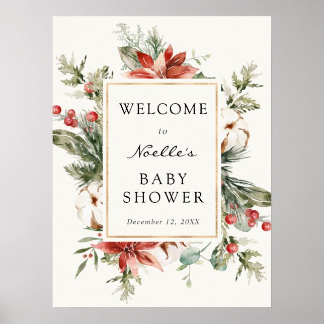 Winter Baby Shower Evergreen Poinsettia Welcome Poster (Front)