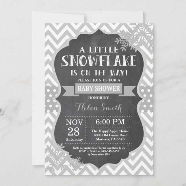 Winter Baby Shower Grey Snowflake Chalkboard Invitation (Front)