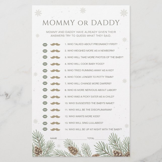 Winter Baby Shower Guess Who Mummy or Daddy Game (Front)