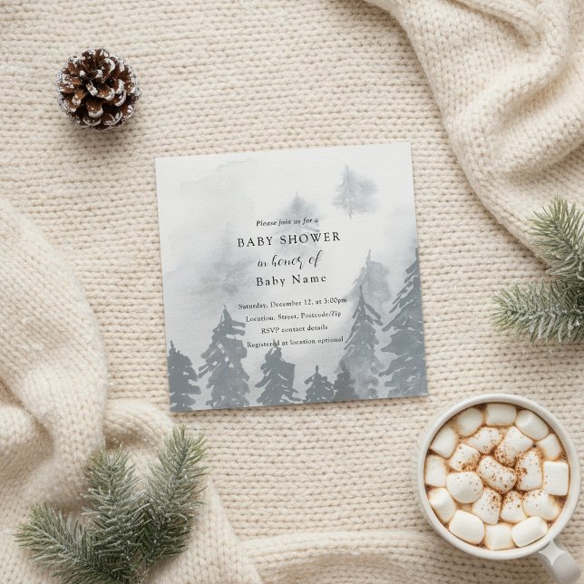 Winter baby shower invitation (Winter baby shower snowy trees invitation.)