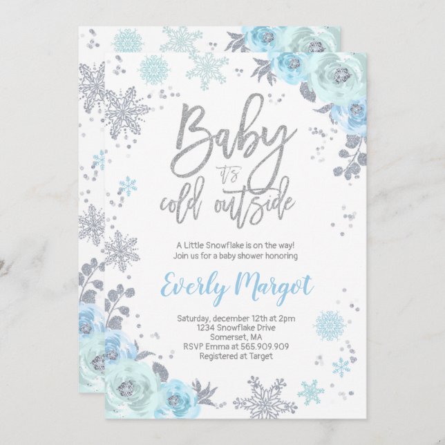 Winter Baby Shower Invitation Blue And Silver (Front/Back)