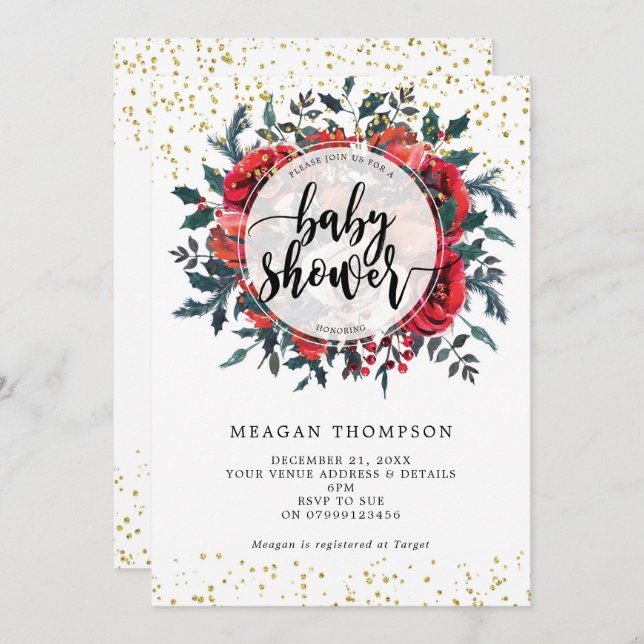 winter baby shower invitation floral gold glitter (Front/Back)