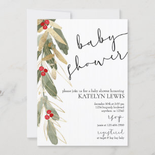 Winter Baby Shower Invitation Gold Holly