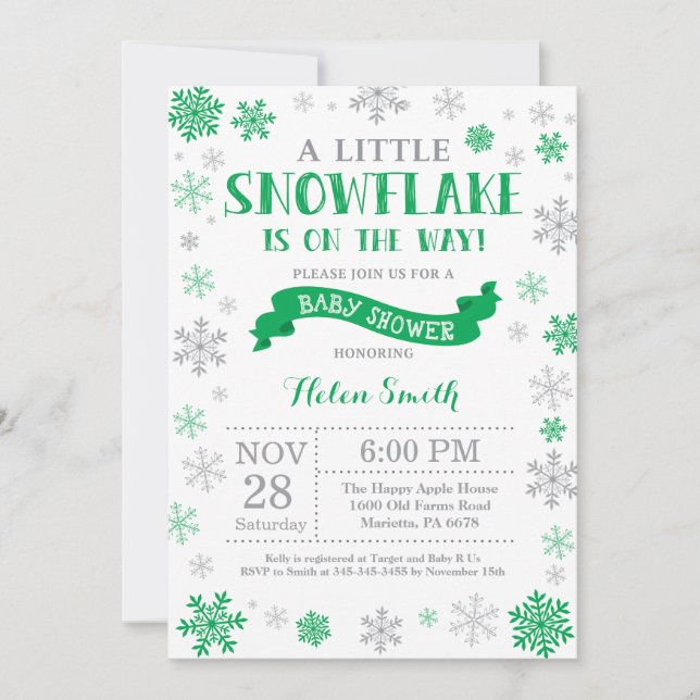 Winter Baby Shower Invitation Green Snowflake (Front)