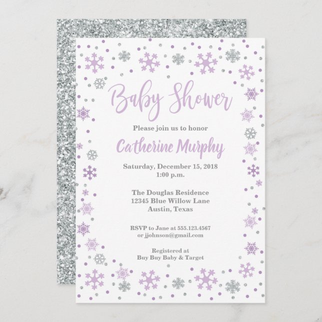 Winter Baby Shower Invitation Lavender Glitter (Front/Back)