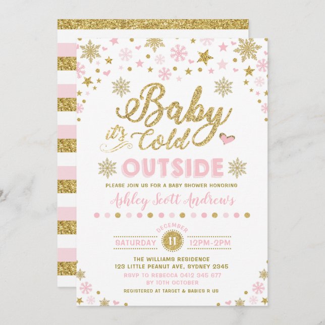 Winter Baby Shower Invitation Pink Gold Snowflake (Front/Back)