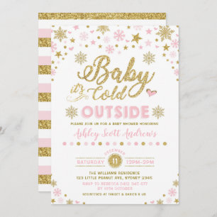 Winter Baby Shower Invitation Pink Gold Snowflake