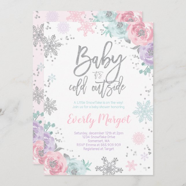 Winter Baby Shower Invitation Pink Silver Glitter (Front/Back)