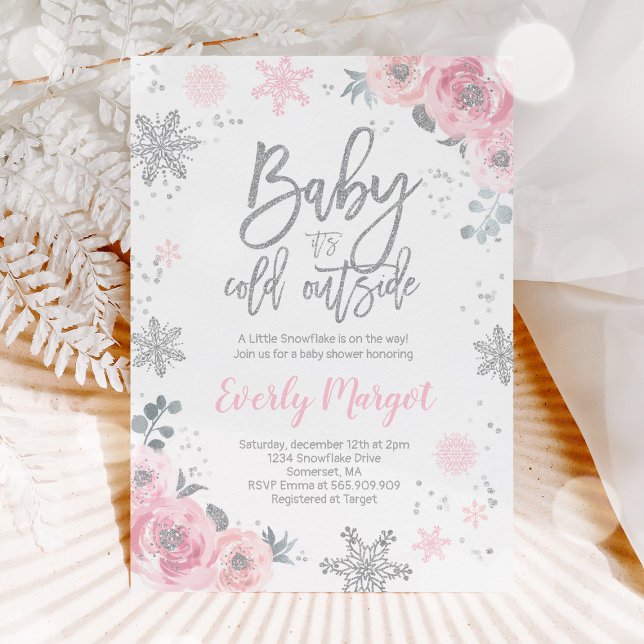 Winter Baby Shower Invitation Pink Silver Glitter (Creator Uploaded)
