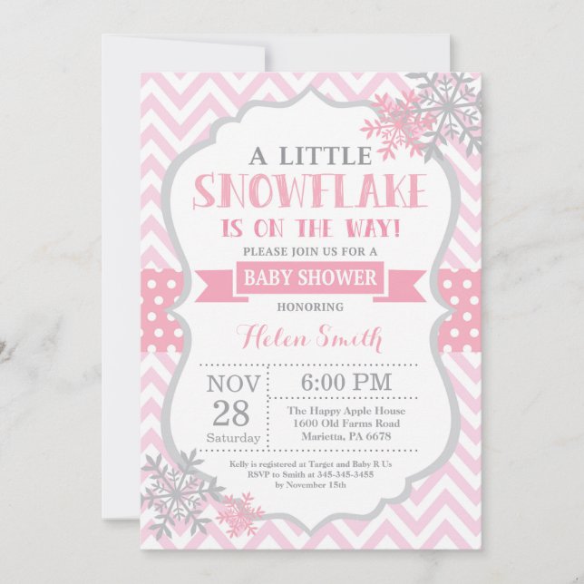 Winter Baby Shower Invitation Pink Snowflake (Front)
