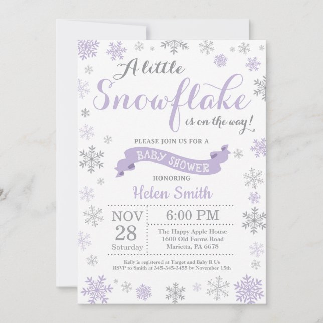 Winter Baby Shower Invitation Purple Snowflake (Front)