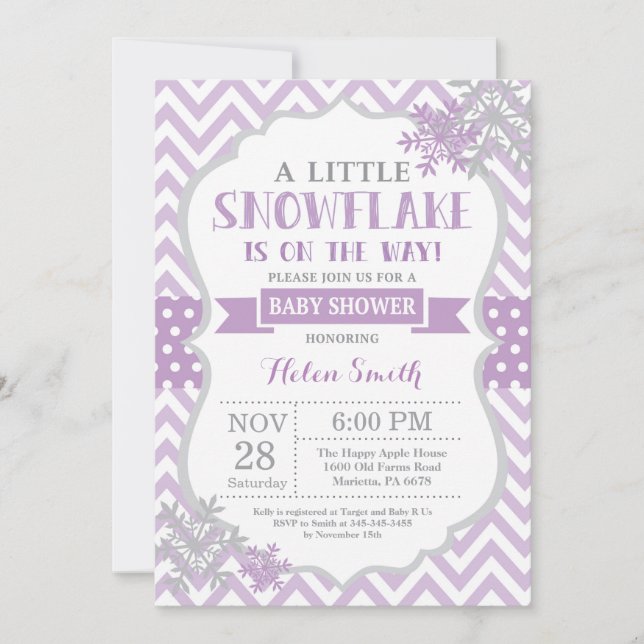 Winter Baby Shower Invitation Purple Snowflake (Front)