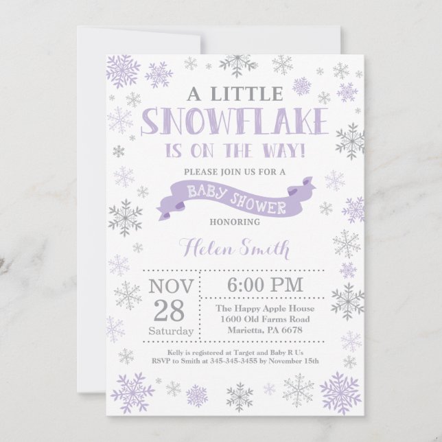 Winter Baby Shower Invitation Purple Snowflake (Front)