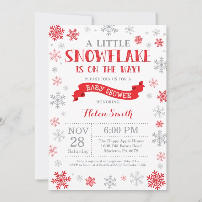 Winter Baby Shower Invitation Red Snowflake (Front)