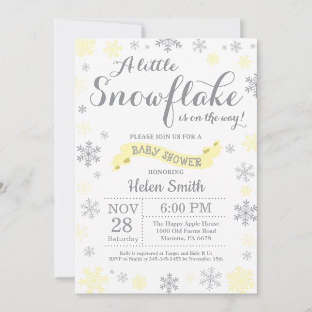 Winter Baby Shower Invitation Yellow Snowflake (Front)