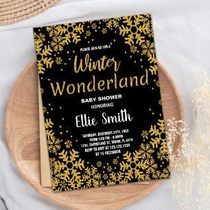 Winter Baby Shower Invitations Golden Black