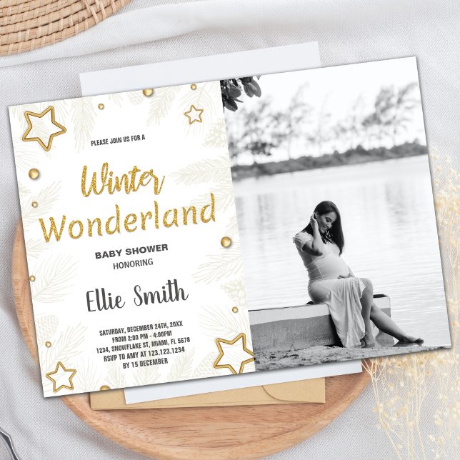 Winter Baby Shower Invitations Golden Star Photo (Winter Baby Shower Invitations Golden Star Photo)