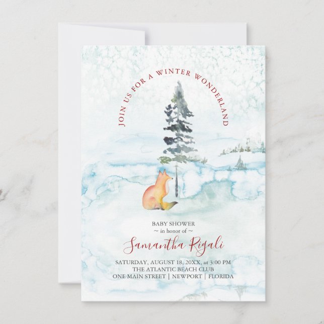 Winter Baby Shower Invitations Pine Trees & Fox (Front)