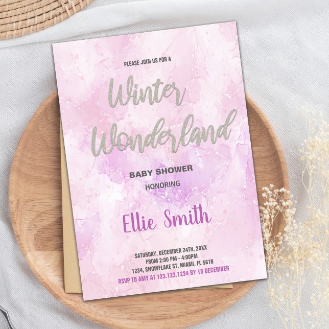 Winter Baby Shower Invitations Pink Glitter Silver (Winter Baby Shower Invitations Pink Glitter Silver)