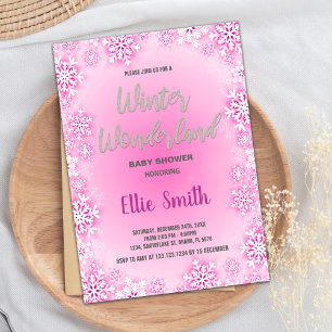 Winter Baby Shower Invitations Pink Snow Glitter