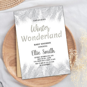 Winter Baby Shower Invitations Silver Glitter Pine