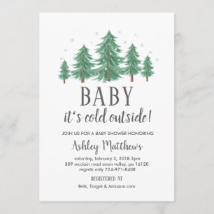 Winter baby shower invite, evergreen trees, cold invitation