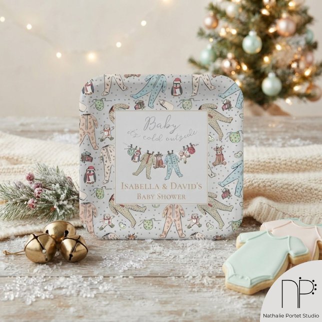 Winter Baby Shower Light Grey Plates (These winter baby shower light gray plates feature hand-drawn art for Baby It's Cold Outside party )