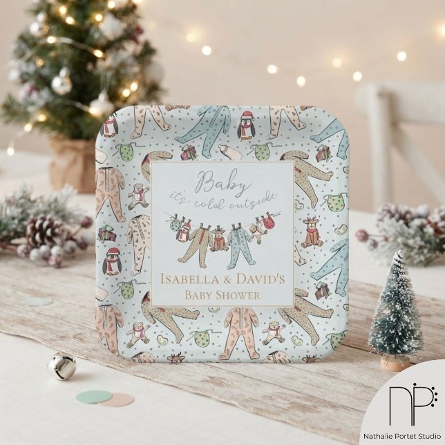 Winter Baby Shower Paper Plates (These winter baby shower paper plates feature hand-drawn illustrations for festive party styling.)