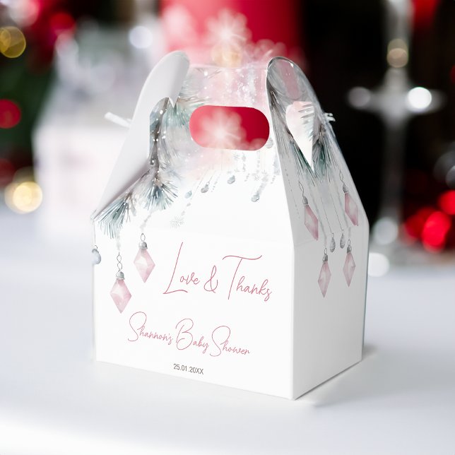 Winter baby shower pastel pink grey pines favour box (Winter baby shower pastel pink grey snowy pines personalized favor box baby it's cold outside favors)