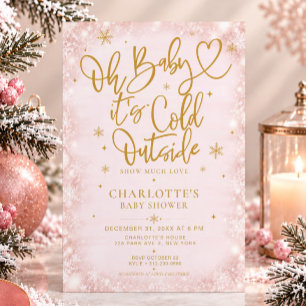 Winter Baby Shower Pink Gold Snowflake Invitation