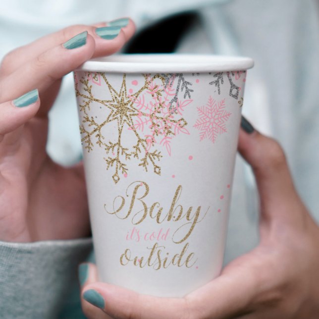Winter Baby Shower Pink Gold Snowflakes Paper Cups (Creator Uploaded)