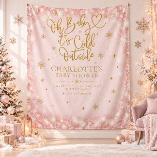 Winter Baby Shower Pink Snowflake Backdrop Tapestry