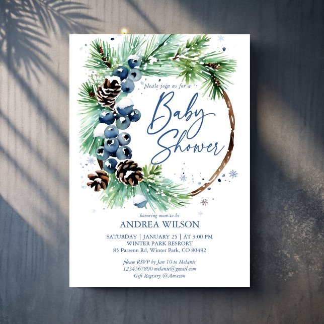 Winter baby shower snowy pines wreath dusty blue invitation (Winter baby shower snowy pines wreath dusty blue berries invitation cards template)