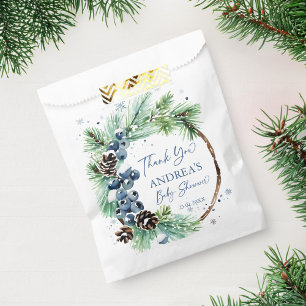 Winter baby shower snowy pines wreath favour bags