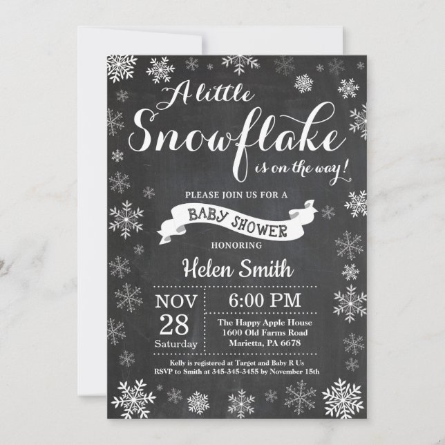 Winter Baby Shower White Snowflake Chalkboard Invitation (Front)