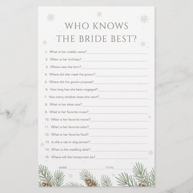 Winter Baby Shower Who Knows The Bride Best Game (Front)
