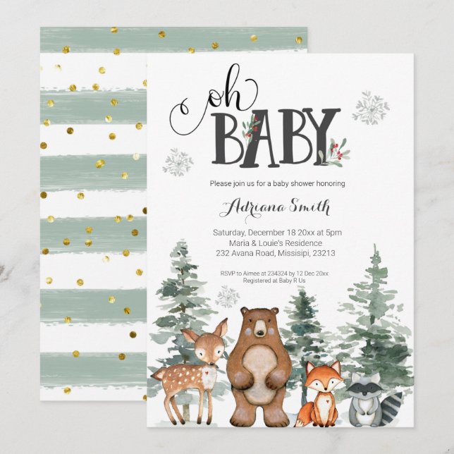 Winter baby woodland baby shower invitation (Front/Back)