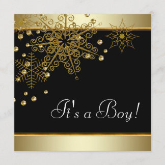 Winter Back and Gold Snowflakes Baby Boy Shower Invitation
